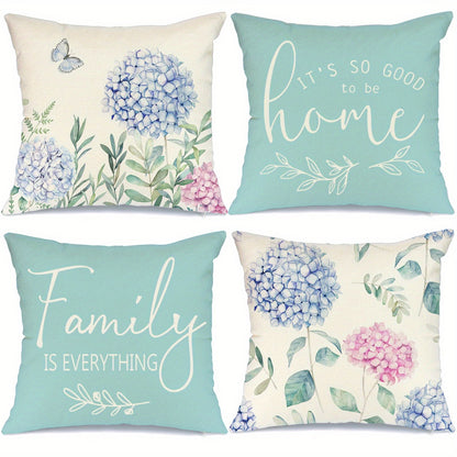 Conjunto de 4 capas de almofada decorativas em linho misto com estampado de hortênsias azuis. Ideais para cama, sofá, sala de estar e decoração em geral. Não inclui enchimento. Dimensões: 45cm x 45cm (18 polegadas x 18 polegadas).