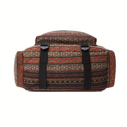 2025 vintage style backpack with adjustable straps, multiple compartments in brown, red, blue, and gray, large capacity travel and vacation backpack, travel backpack