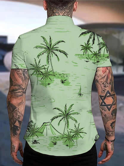 Camisa de homem de manga curta com estampado de coqueiros, ideal para o dia a dia em resorts e para a praia.