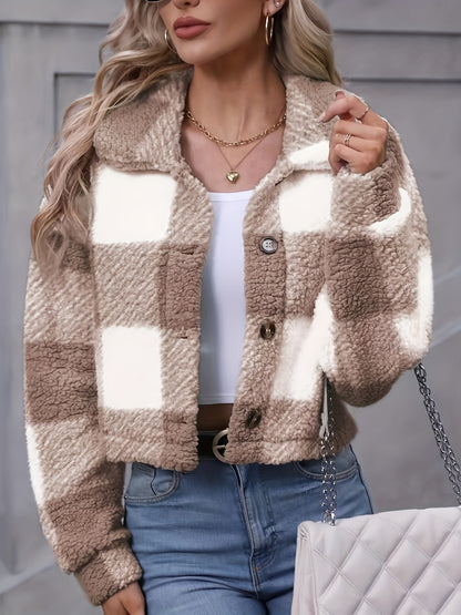 Plaid Teddy Coat, Casual Button Front Long Sleeve Winter Warm Outerwear, Women's Clothing