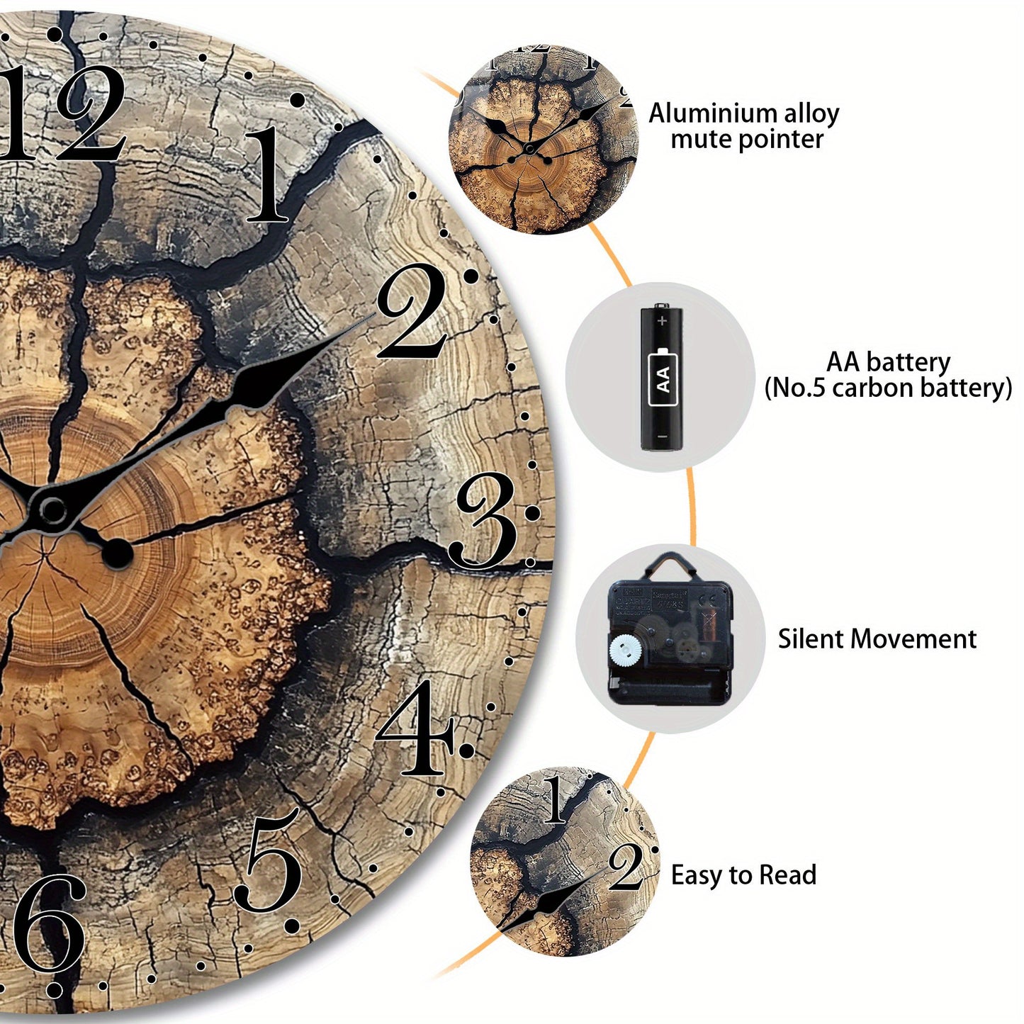 1pc Fantasy Style Analog Wall Clock, Tree Stump Pattern Non-Ticking Clock, Suitable for Living Room, Bedroom, Dining Room Wall Decoration, Ideal Birthday, Easter, New Year Gift, AA Battery Powered (Not Included)
