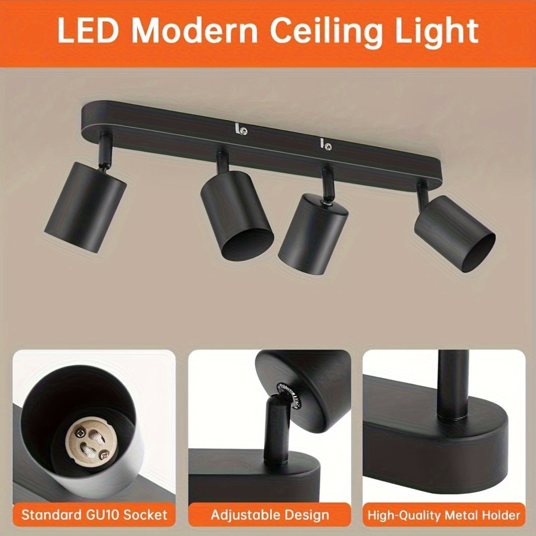 4-Head Adjustable Spotlight Ceiling Light Fixture - Modern Black Metal Semi-Flush Mount with 4 Adjustable Arms, 110-240V Hardwired, No Battery Needed, Easy Installation for Living Room, Bedroom, Office, Kitchen, Bathroom, Cei