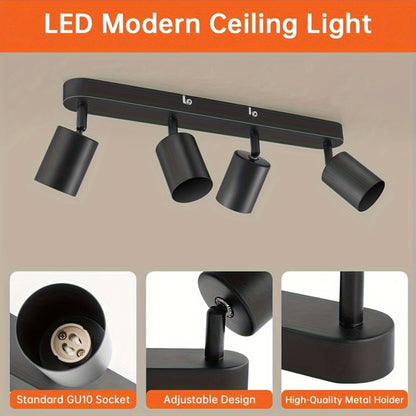 4-Head Adjustable Spotlight Ceiling Light Fixture - Modern Black Metal Semi-Flush Mount with 4 Adjustable Arms, 110-240V Hardwired, No Battery Needed, Easy Installation for Living Room, Bedroom, Office, Kitchen, Bathroom, Cei
