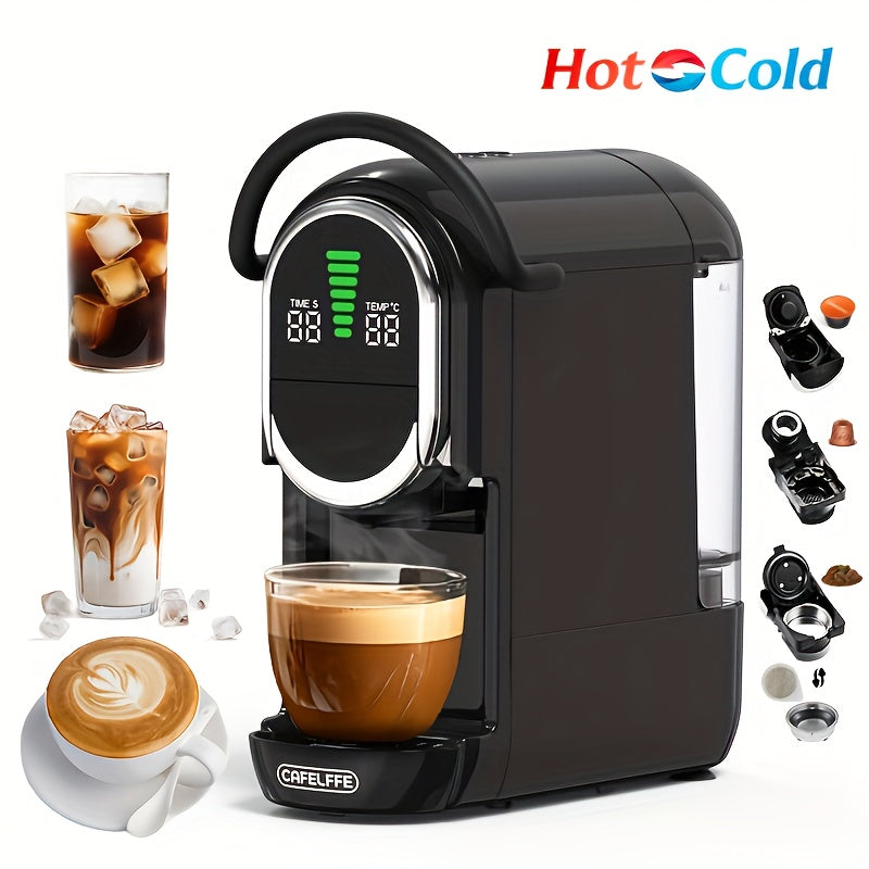 Cafeteira de cápsulas CAFELFFE 4 em 1, máquina de café automática com extração quente e fria, painel LCD visual, ajuste de água em 7 níveis. Compatível com cápsulas DG/Nes Original/café moído/ese, 19 bar. Ideal para casa/escritório.