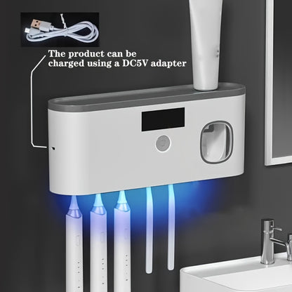 1pc Smart Toothbrush Sanitizer with Automatic Toothpaste Dispenser, Wall-Mounted UV Sterilization Holder, 5-Slot Storage, Durable Plastic, USB Rechargeable Lithium Battery, Bathroom Organization and Home Decor, Toothbrush Hol