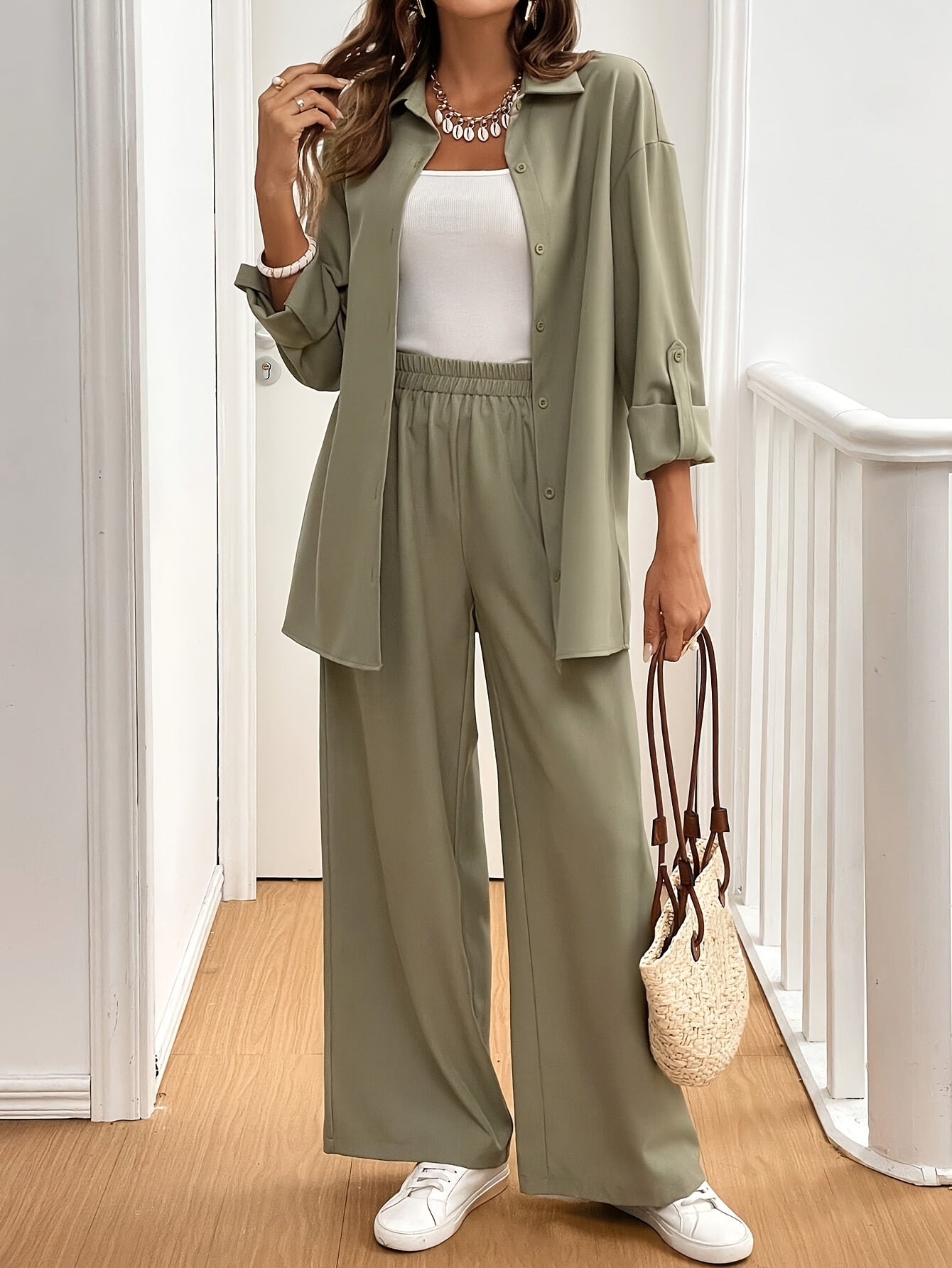 Autumn Top + Pants Set: Women's Solid Color Button-Up Shirt and Wide-Leg Flare Pants, Long Sleeve Outfit for Work Casual Wear