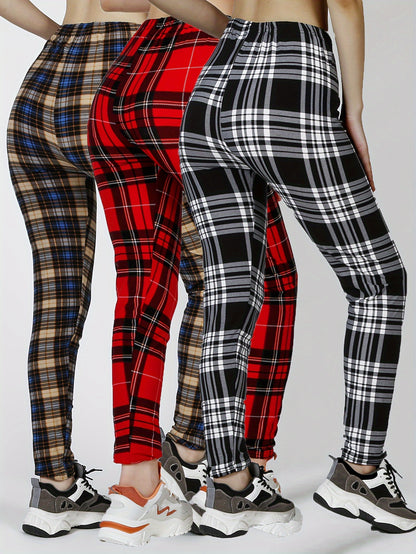 3 Packs Women'S Soft & Stretchy Tight Leggings - Black, White, and Red Plaid Patterns, High Waist, Elastic Waistband, Crop Length, Perfect for Fitness, and Casual Weekend Wear, Casual Wear Leggings|Plaid Pattern Leggings|Stre