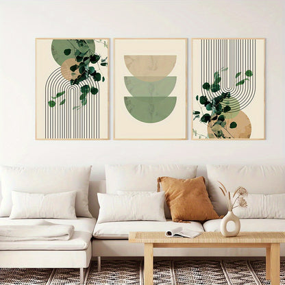 3pcs Boho Green Plant Eucalyptus Leaf Geometry Graphic Art Poster - Retro Canvas Print For Modern Wall Decor In Living Room And Home