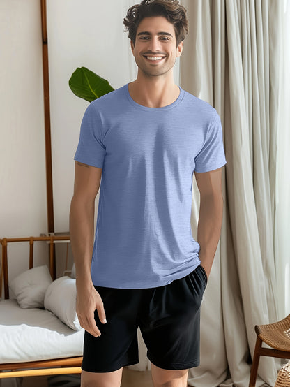 Conjunto de 4 t-shirts casuais para homem de cor sólida, estilo simples, manga curta e gola redonda, ideais para usar em casa, como pijama ou para atividades ao ar livre no verão.
