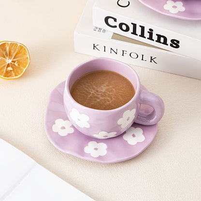 1set YumiPLUS Handmade Floral Ceramic Mug and Saucer Set, Purple Irregular Flower Design, 220ml/7.4oz, Reusable, Insulated, Machine Washable, Multipurpose Coffee Cup for Tea, Milk, Gift for Her