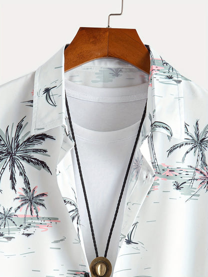 Camisa de homem de manga curta com estampado de coqueiros, ideal para o dia a dia em resorts e para a praia.