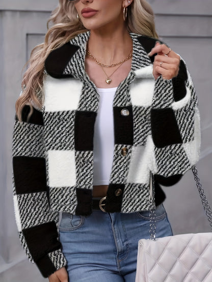 Plaid Teddy Coat, Casual Button Front Long Sleeve Winter Warm Outerwear, Women's Clothing