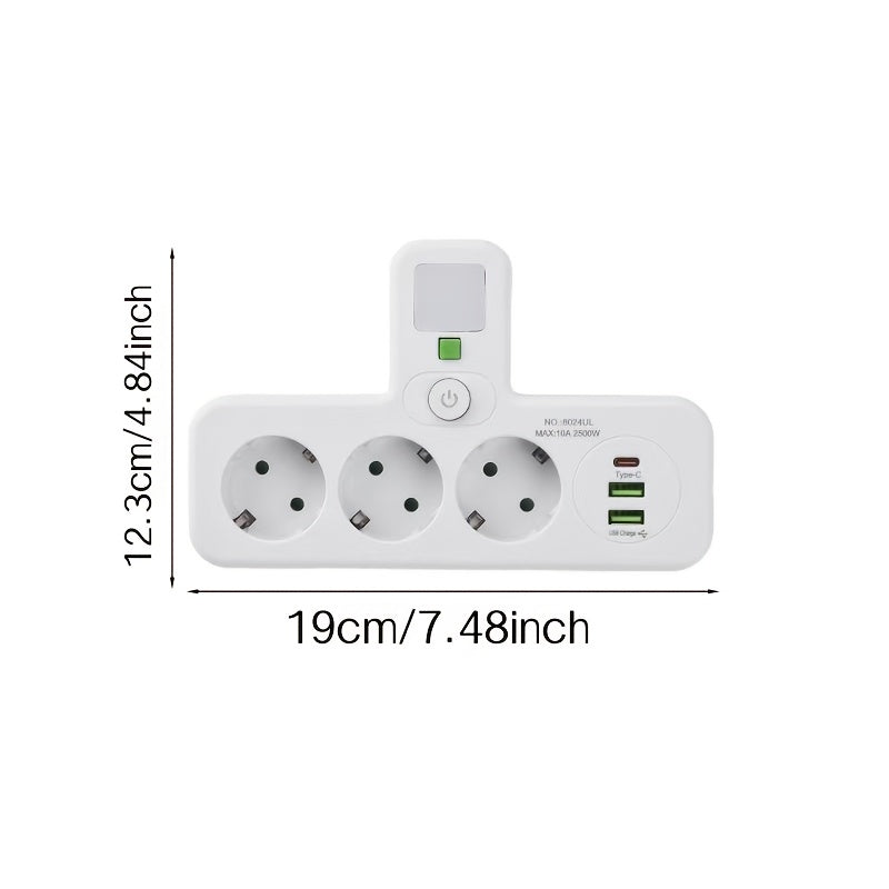 European Plug USB Adapter with 2 USB Ports, 1 C-Shaped Independent Switch, No-Blocking Compact Design, 10A 2500W, Suitable for Home Office Kitchen, Modern Plug Design, Durable Power Outlet
