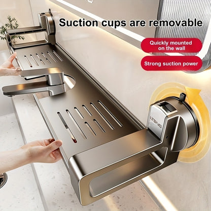 1pc Wall-Mounted Bathroom Sink Organizer with Suction Cup Faucet Holder - No-Drill Carbon Steel & ABS Shelf for Toothbrushes, Makeup Brushes, Floss - Space-Saving Vanity Storage for Small Bathrooms, Bathroom Sink Accessories,