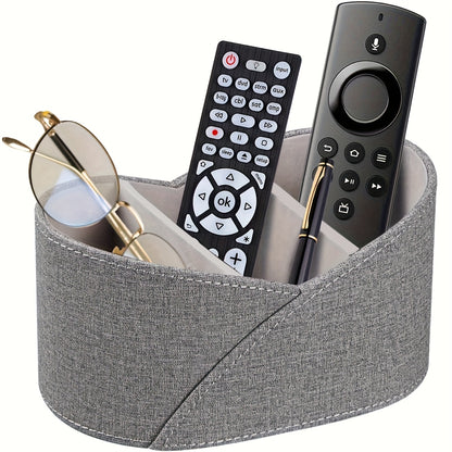 PU Leather Open Storage Box with 3 Compartments, Desktop Remote Control Holder/Makeup Organizer/Versatile Gray Storage Basket for Home Appliance Controllers, Cosmetics, Art Supplies, Stationery, Glasses, Office Supplies and A