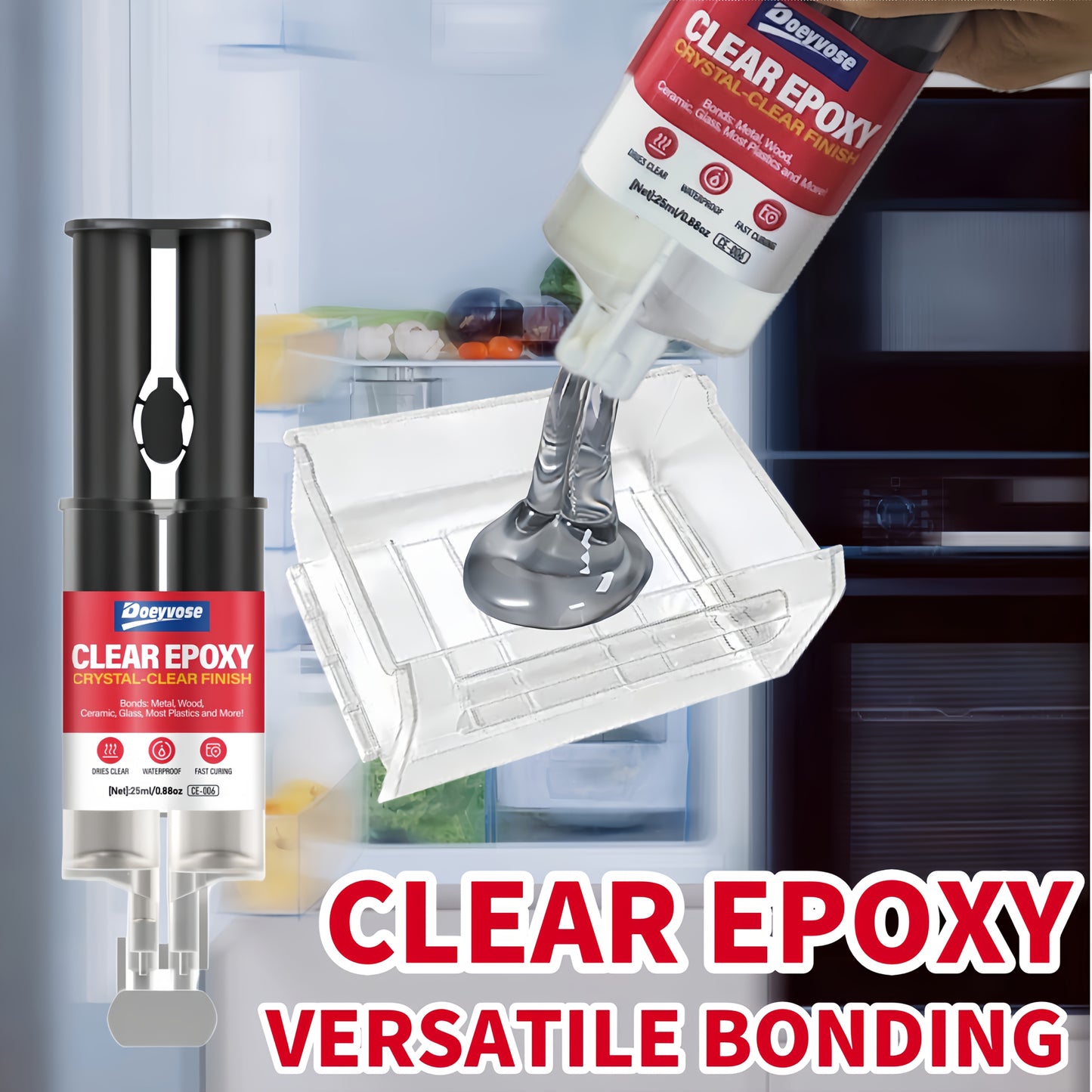 Doeyvose Clear Epoxy Adhesive Glue - Waterproof Strong Bonding, Transparent Waterproofing Sealant for Refrigerator Drawers, Doors, Floors, Walls, Roofs, Tiles - Heavy-Duty Epoxy Resin-like Formula (25ml/0.88oz) - Multi-Surfac