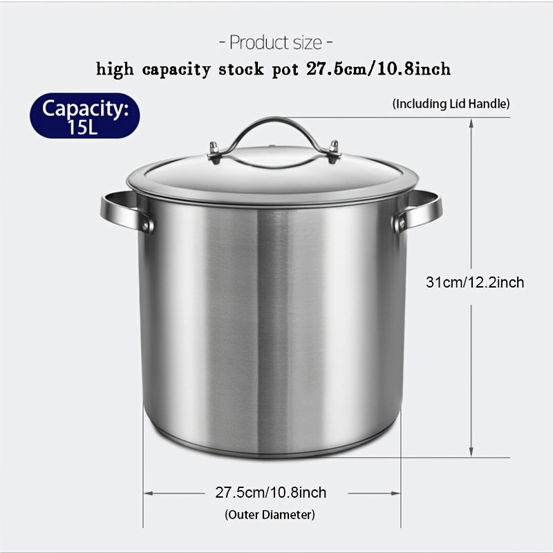 PureCook IH Stainless Steel High Pot 6/15L with Double Handle and Tempered Glass Lid - Suitable for Stew, Soup & Induction Cooking - Durable Food Grade, Even Heating, Thick Material, Non-Toxic, Cool Touch Handle, Perfect Kitc
