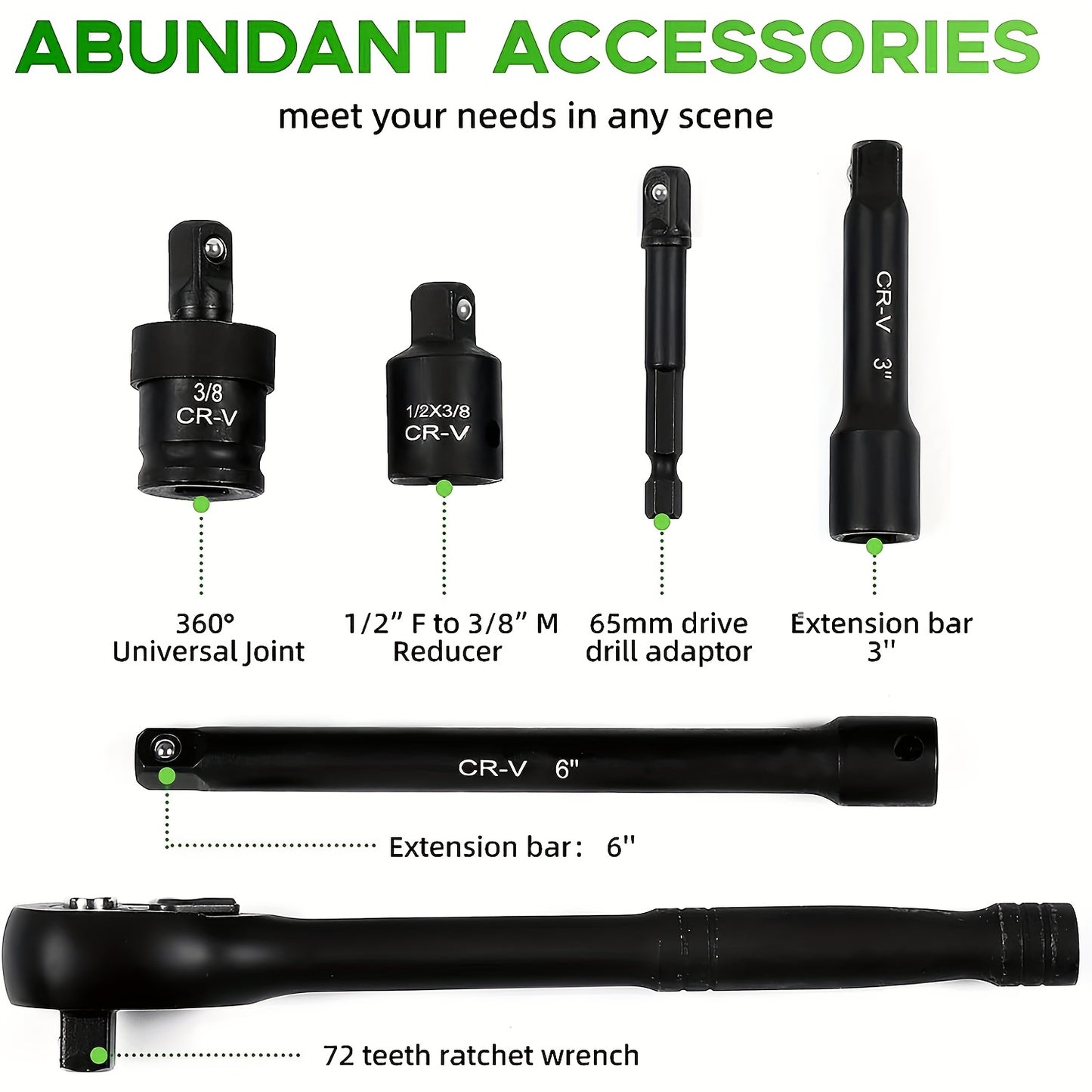 3/8" Drive Impact Socket Set, 6 Point 50pcs Standard Metric (8-22mm) & SAE (5/16-3/4-Inch) CR-V Steel Sockets with Adapters & Ratchet Handle, Nice Gifts