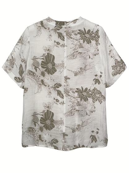 Women's Floral Print A-Line Blouse - Casual Short Sleeve, Round Neck with Front Button Detail, Lightweight Polyester Blend, Perfect for Spring/Summer