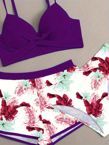 Floral Leaf Print Stretchy 3 Piece Set Swimsuits, Cross Spaghetti Strap Push Up Bikini & Boxer Shorts, Women's Swimwear & Clothing