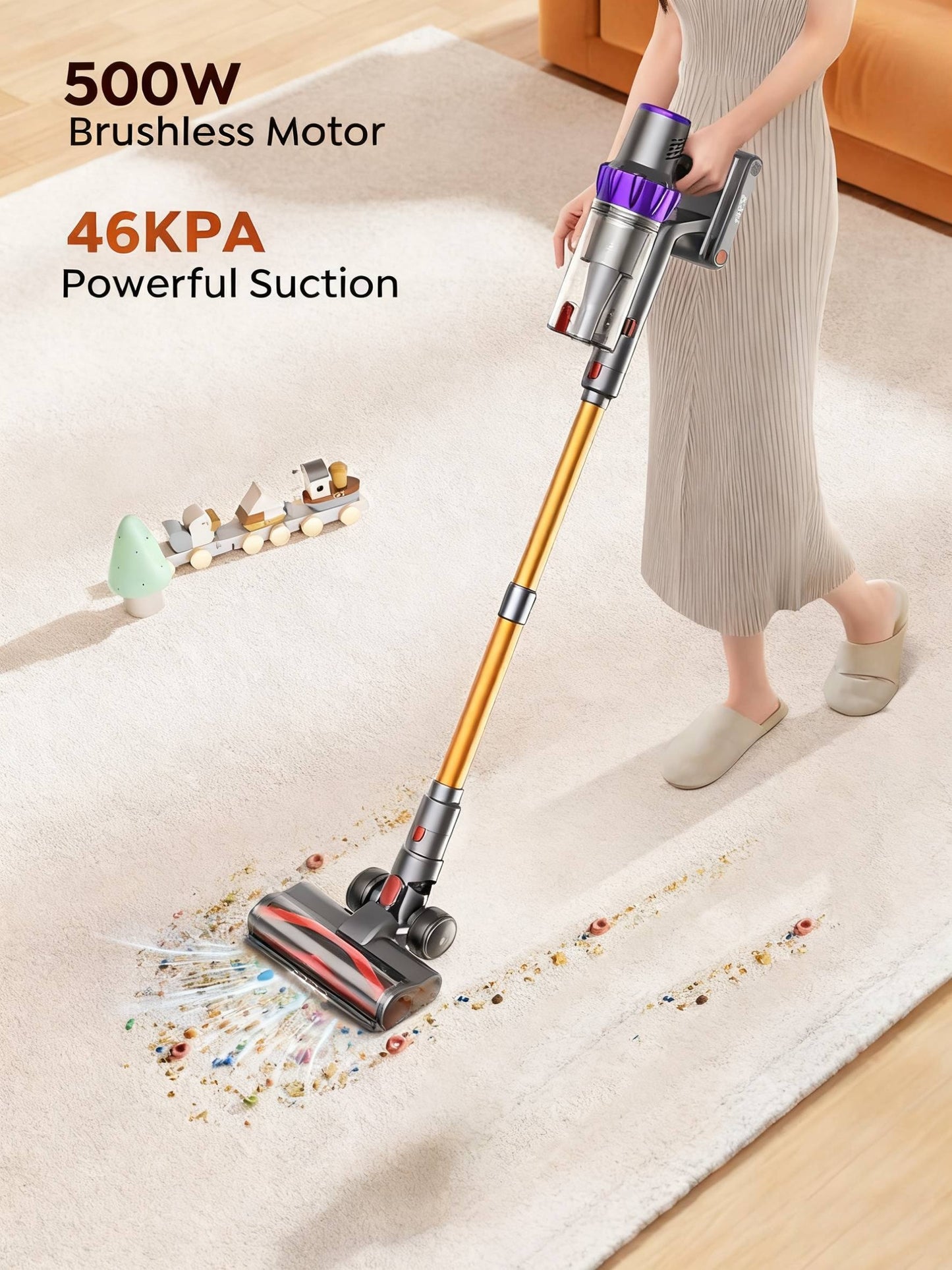 46000Pa/55Min Vacuum Cleaner Cordless, Cordless Vacuum Cleaner Super Quiet, Powerful Cordless Stick Vacuum Cleaner with LED Display/Anti-Tangle Brush, Detachable Battery, Lightweight 1.5L Dust Cup Perfect for Pet Hair, Floor,