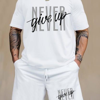 Men's Fashion NEVER GIVE UP Letter Print Loungewear Set, Short Sleeve Crew Neck Graphic T-shirt & Drawstring Shorts With Pockets, Casual Pajama Set, Men's 2piece Outfits