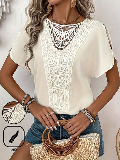 Contrast Lace Crew Neck Blouse, Elegant Solid Split Sleeve Blouse For Spring & Summer, Women's Clothing
