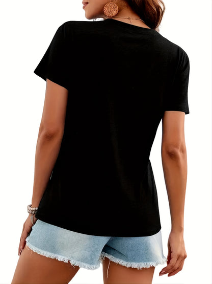 Women's Casual V-Neck T-Shirt with Brooklyn New York Letter Print - Vibrant Pink & Black Graphic, Short Sleeve Regular Fit, Machine Washable for Spring Summer Fall, Ladies T Shirts, Casual Attire, Durable Fabric
