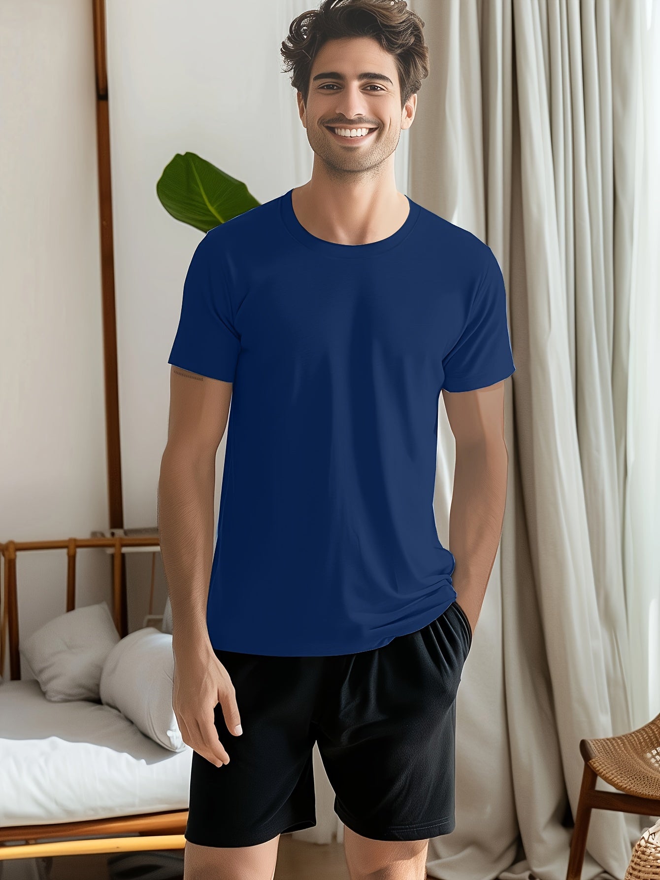 Conjunto de 4 t-shirts casuais para homem de cor sólida, estilo simples, manga curta e gola redonda, ideais para usar em casa, como pijama ou para atividades ao ar livre no verão.