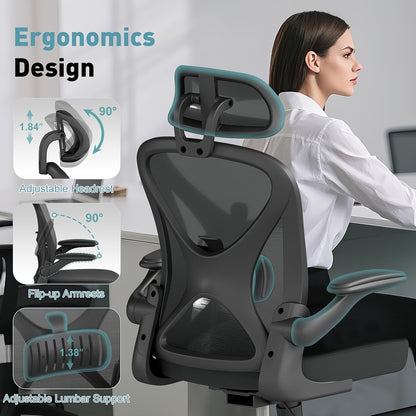 Ergonomic Office Chair with Adjustable Headrest & Lumbar Support, Height-Adjustable Computer Desk Chair with Flip-Up Armrests, 360° Swivel, Breathable Mesh Backrest & Seat, Durable Plastic Frame - Black for Home & Office Use