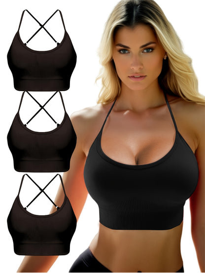 3 pcs Breathable Criss Cross Sports Bra for Women - Sleeveless Yoga Crop Top with Adjustable Straps - Perfect for Fitness and Activewear