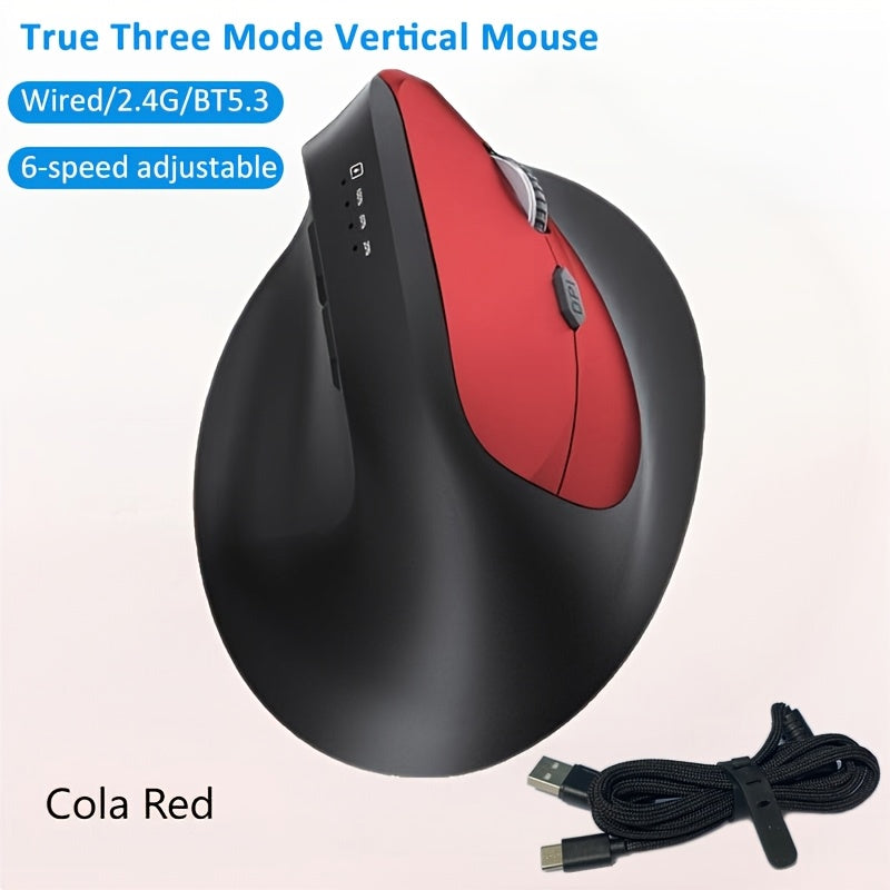WOWSSYO Right-Handed Ergonomic Gaming Mouse - Wired + Wireless + BT Tri-Mode, 6-Speed Adjustable Optical, USB-C Rechargeable, Ergonomic Design for Laptop & Desktop Computers, Black/Red/Blue/Teal, Ergonomic Mouse, Computer Acc