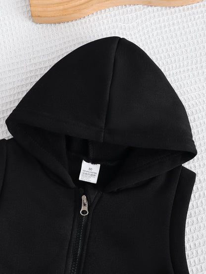 Boys' Autumn/Winter New Three-Piece Set with Mickey Mouse Classic Cartoon Print Long-Sleeve Round Neck Hoodie and Zip-Up Sleeveless Top, Matching Printed Sweatpants - Fleece-Lined Thickened Warm Comfortable Outfit for Parties