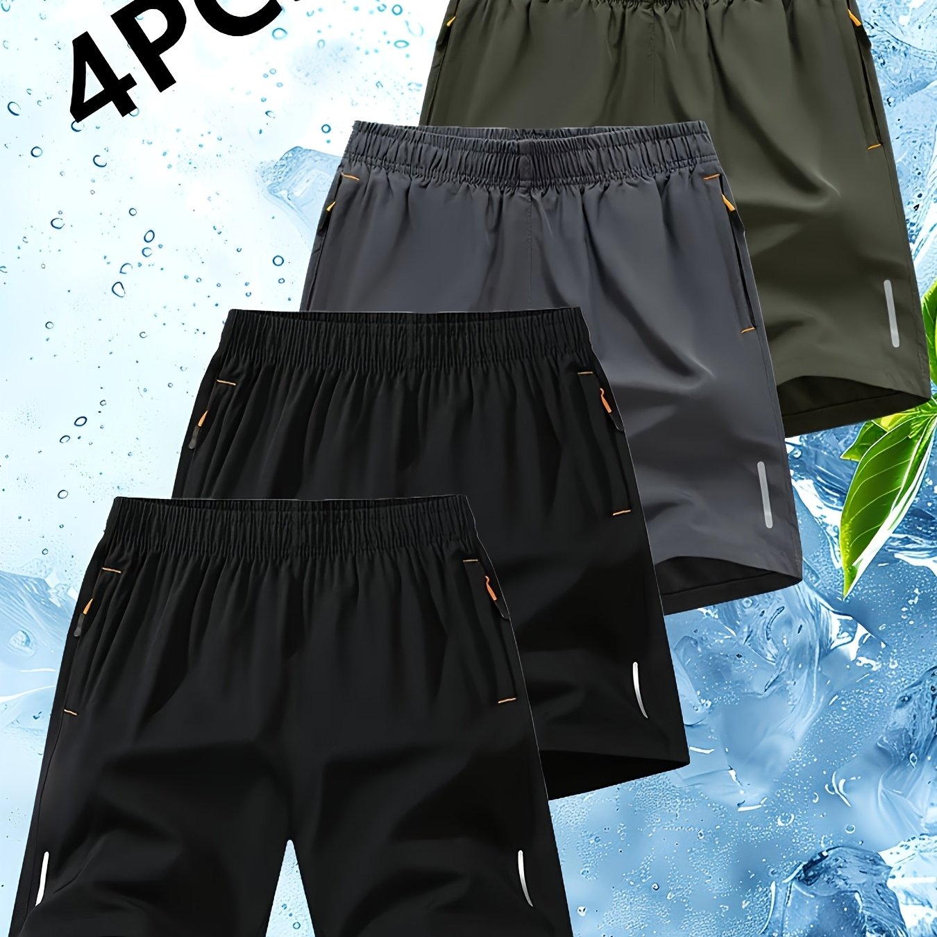 Conjunto de 4 calções desportivos para homem com riscas refletoras - Calções respiráveis ​​de secagem rápida para treinos de verão com bolsos, bege, azul marinho e preto. Calções para ténis e ginásio, design desportivo, tecido de secagem rápida.