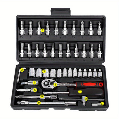 46pcs 2.54/10.16 Cm Drive Socket Ratchet Wrench Set, With Bit Socket Set, Metric And Extension Bar For Auto Repairing And Household, With Storage Case