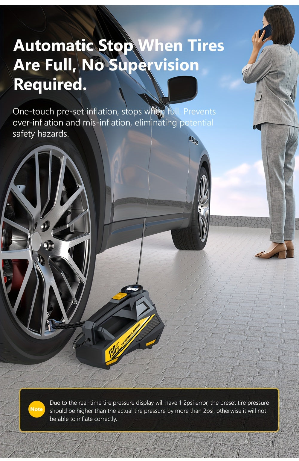 CaRSun Digital Tire Inflator, Portable Air Compressor Pump with LED Light for Cars, Motorcycles, Bicycles - DC 12V, 150 PSI, Black & Yellow Design, Plug-In Power Supply, No Battery Required, Bicycle Tire Inflator | Sleek Port