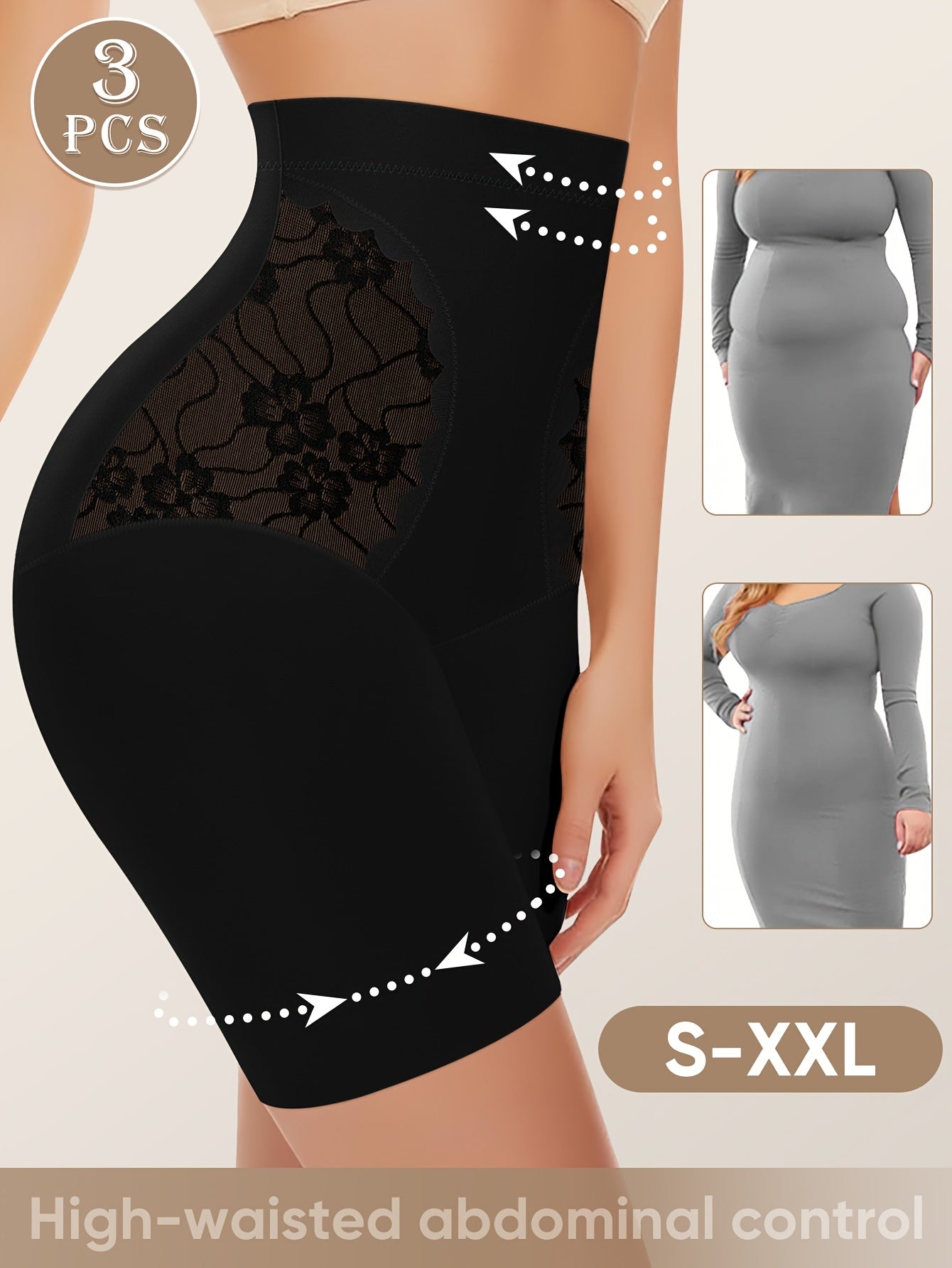 3pcs High-Waisted Tummy Control Women's Underwear, Boxer Briefs, Safety Pants with Mesh Breathable Lace Trim for Summer and Leg Shaping, Seamless Tummy Control Underwear, High Waist Panty, Panties for Women Plus Size, High Wa