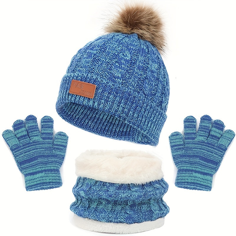 Conjunto de 3 peças para o inverno infantil: cachecol de veludo quente, gorro e luvas de malha para bebé dos 2 aos 8 anos.