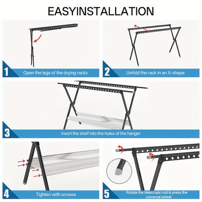 90-Inch Heavy Duty Stainless Steel Clothes Drying Rack with Windproof Hooks, Adjustable Length & 2-Tier Space-Saving Design - Freestanding Telescopic Laundry Rack for Indoor/Outdoor Use, Foldable with Sturdy Base & Top Shelf,