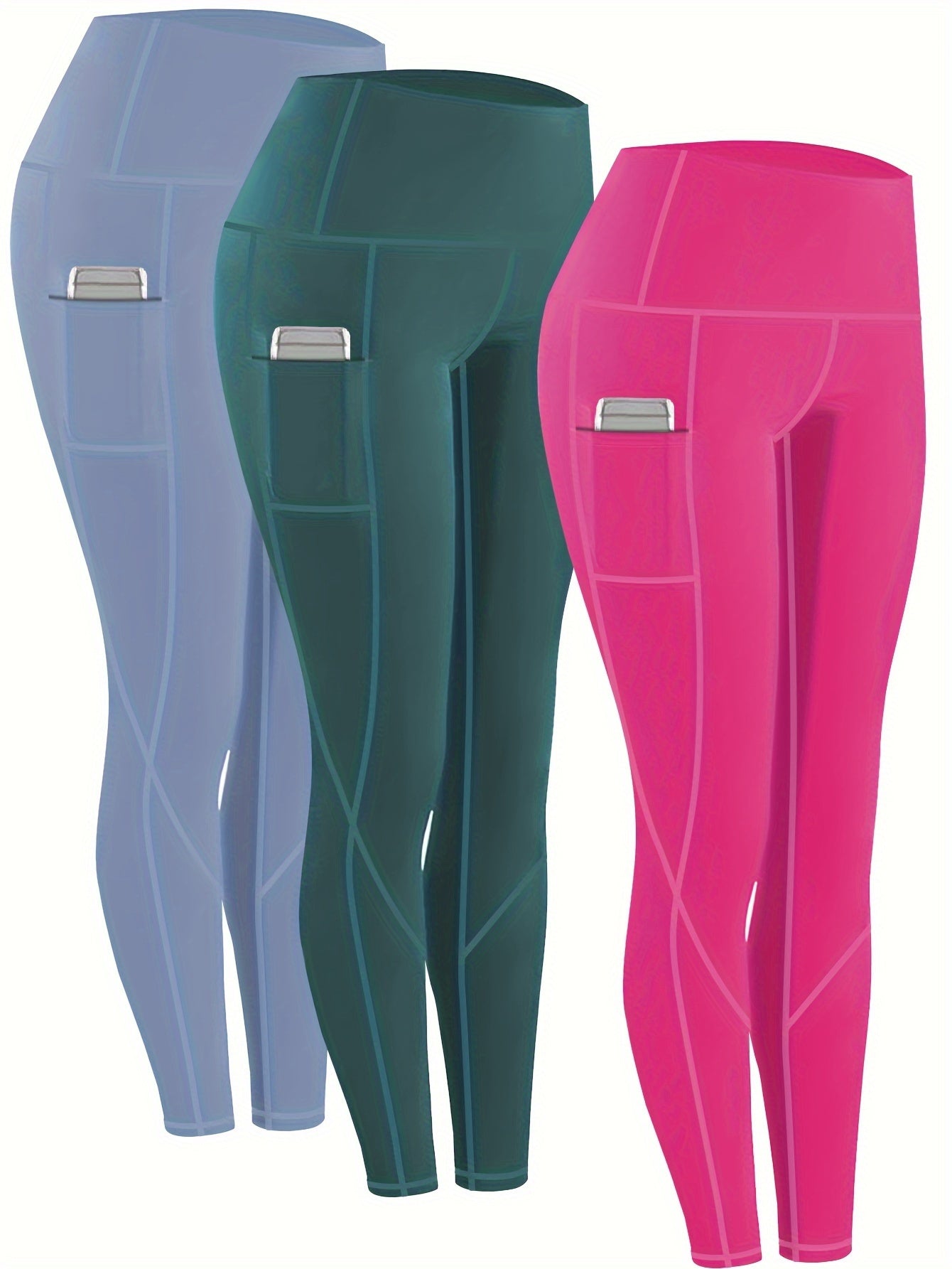 3pcs Set Women'S Plus Size Daily Sports Yoga Leggings, Geometric Pattern, High Stretch Spandex, Breathable, with Two Side Pockets, for Running, Workout