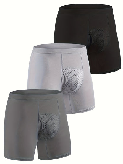 Conjunto de 3 Cuecas Boxer para Homem GDECC em Modal de Cor Sólida - Malha Respirável com Elasticidade Média, Reforço Lateral, Bege Claro, Macias e de Corte Plano para Uso Diário e Casual.