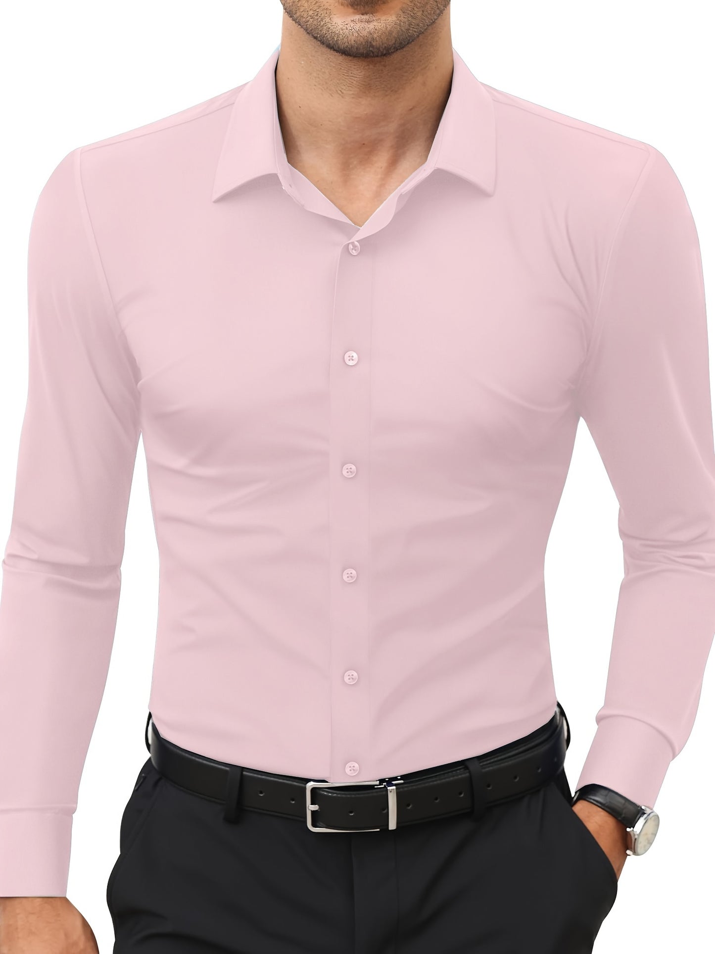 Men'S Slim Fit Long Sleeve Shirt - 55% Cotton, 40% Polyester, 5% Spandex, Solid Color, All-Season, Woven Fabric, Button-Up, Lapel Collar, Casual Weekend Wear, 125g/m²