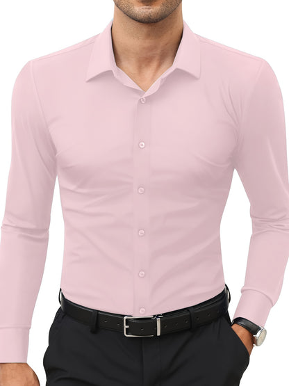 Men'S Slim Fit Long Sleeve Shirt - 55% Cotton, 40% Polyester, 5% Spandex, Solid Color, All-Season, Woven Fabric, Button-Up, Lapel Collar, Casual Weekend Wear, 125g/m²