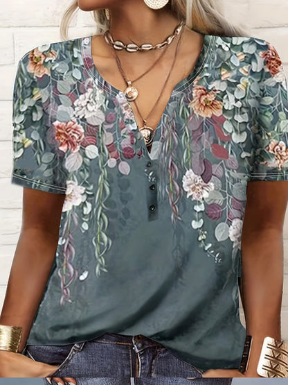 Floral Print Button Front T-Shirt, Casual Short Sleeve T-Shirt For Spring & Summer, Women's Clothing