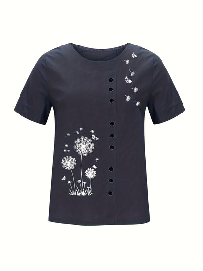 Dandelion Print Button Decor T-Shirt, Casual Crew Neck Short Sleeve T-Shirt For Spring & Summer, Women's Clothing