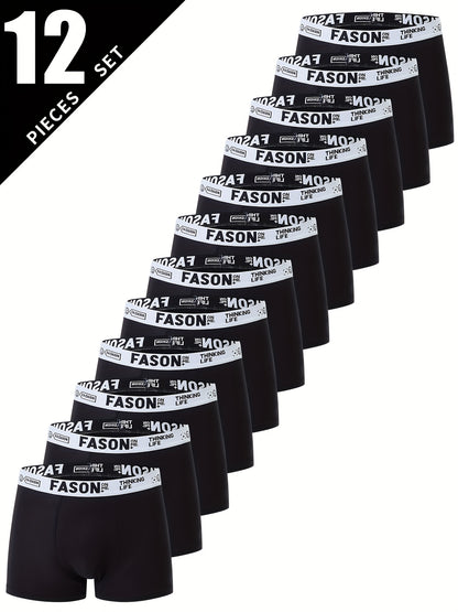 12/24pcs Men'S Boxer Briefs - Breathable, Comfortable, Stretchy Underwear with "FASON" Letter Print, Black, Casual Style, Comfortable Underwear | Stylish Boxers | Smooth Texture Fabric, Men'S Underwear, Boxer For Big Men, For