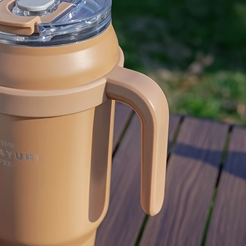 Copo térmico portátil de 1,4 litros (47,3 oz) com pega e tampa com palhinha, garrafa de água portátil de grande capacidade, copo de aço inoxidável para automóvel, ideal para desportos ao ar livre, viagens e campismo. Presente de Natal.