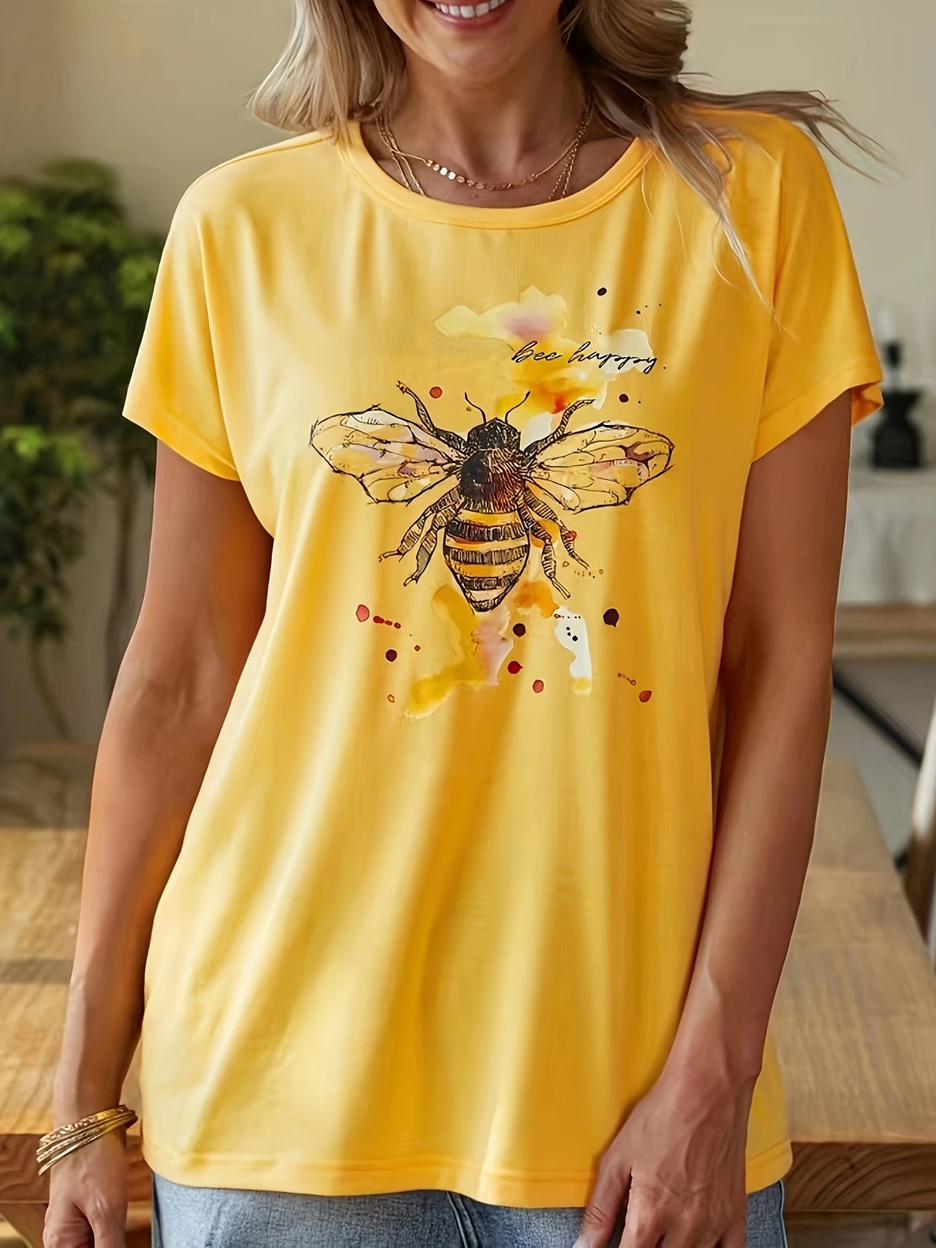 Bee Print Crew Neck T-Shirt, Casual Short Sleeve Top For Spring & Summer, Women's Clothing