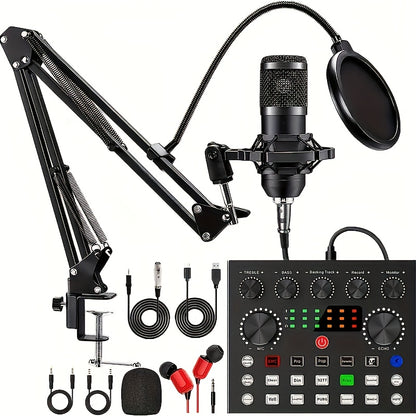 Podcast Equipment Bundle, V8s Audio Interface with All In One Live Sound Card And BM800 Condenser Microphone,Podcast Microphone, Perfect for Recording, Live Streaming