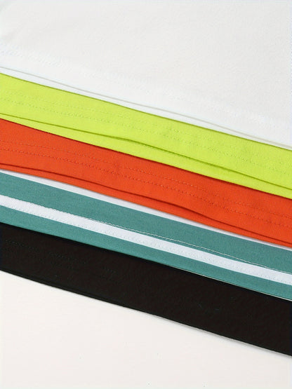 5pcs Solid Color & Striped Round Neck T-shirt Tees Tops Casual Soft Comfortable, Boys And Girls Summer Clothes